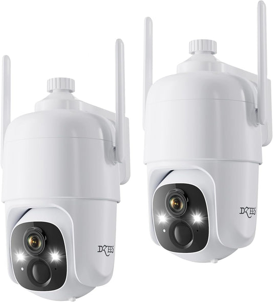 Dzees 360° PTZ Security Cameras Wireless Outdoor WiFi, 2K Battery Powered Home Security Camera Indoor, Spotlight & Siren, Color Night Vision, 2-Way Talk, AI Motion Detection, IP66 2-Pack