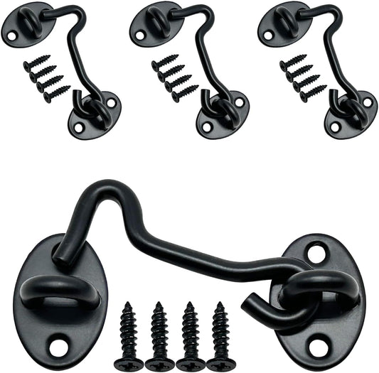 4-Pack 3Inch Door Lock Gate Latch Premium Stainless Steel Hook and Eye Gate Latch Cabin Hook with 16pcs Screws, Black