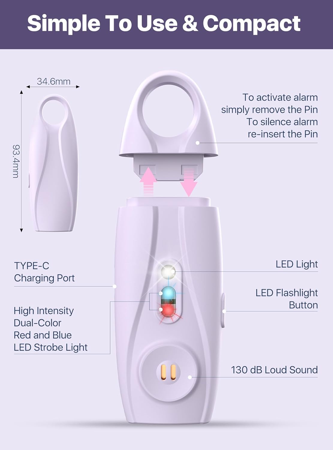 Rechargeable Personal Safety Alarm Keychain, Upgraded Dual-Color Red & Blue Strobe Light, LED Flashlight, 130dB Loud Siren, Safe Personal Alarm for Women, Kids and Elders