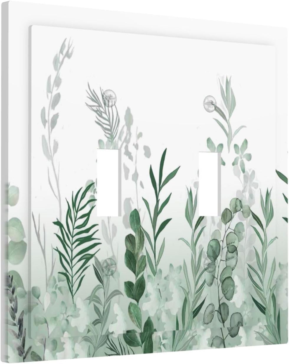 Watercolor Green Leaf Rustic Plant Eucalyptus Flowers Decorative Switch Plates 2 Gang Double Toggle Outlet Light Switch Cover Wall Plate Electrical Faceplate for Bed Room Living Room Decor