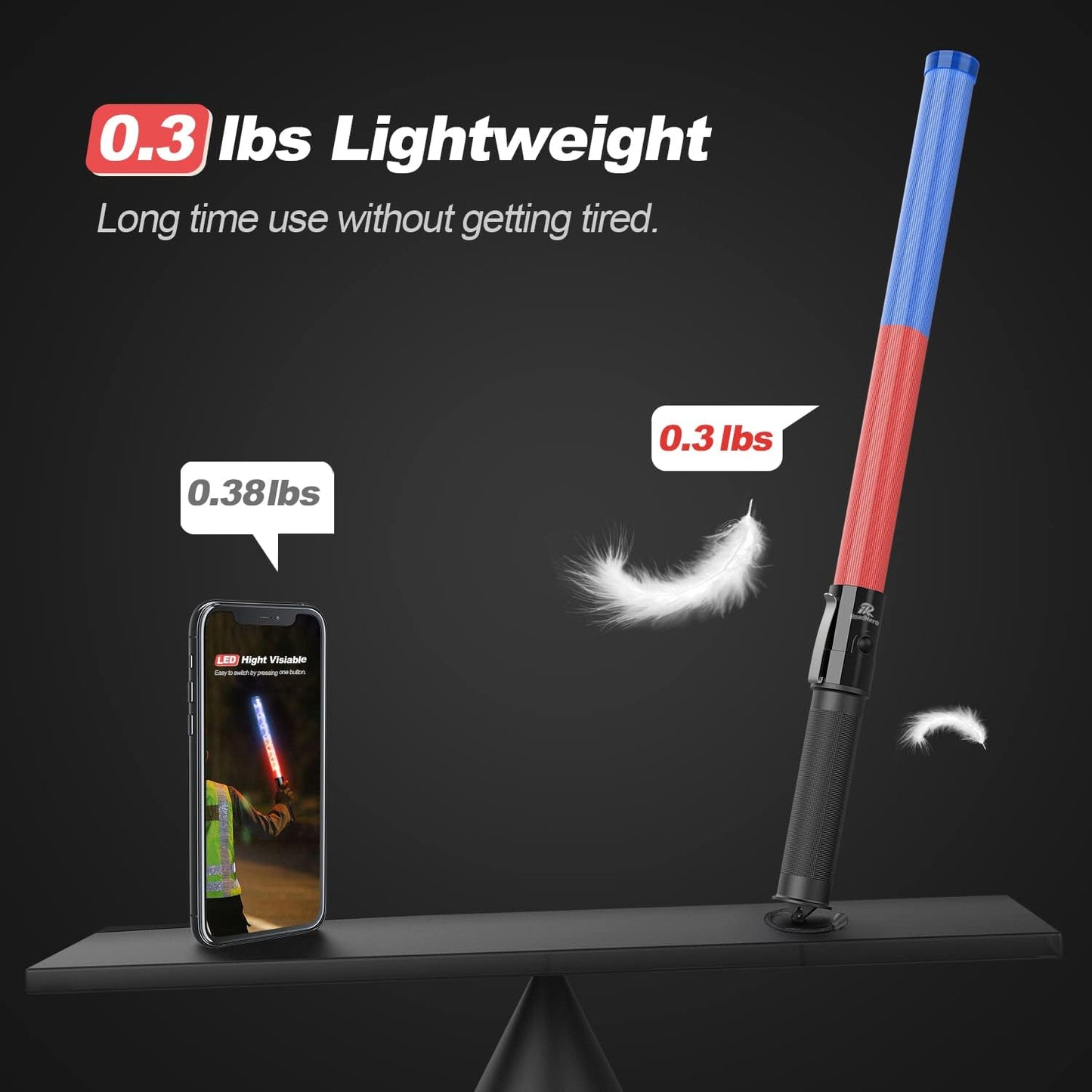 RoadHero Traffic Control Wand - 21 Inch, Red & Blue, 3 Flashing Modes, Air Marshaling Signal Wand with Side Clip for Airport, Parking, Car Directing