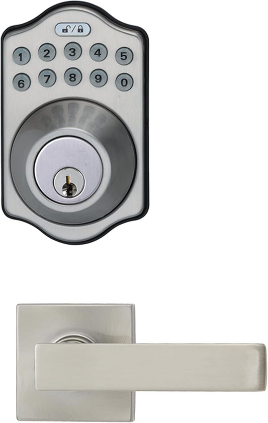 Amazon Basics Traditional Electronic Keypad, Keyless Entry Door Lock Deadbolt with Handle Set, Key Pad Front Door with Knob, Traditional Door Locks for Front Door, Door Handle, Satin Nickel, 1-Pack