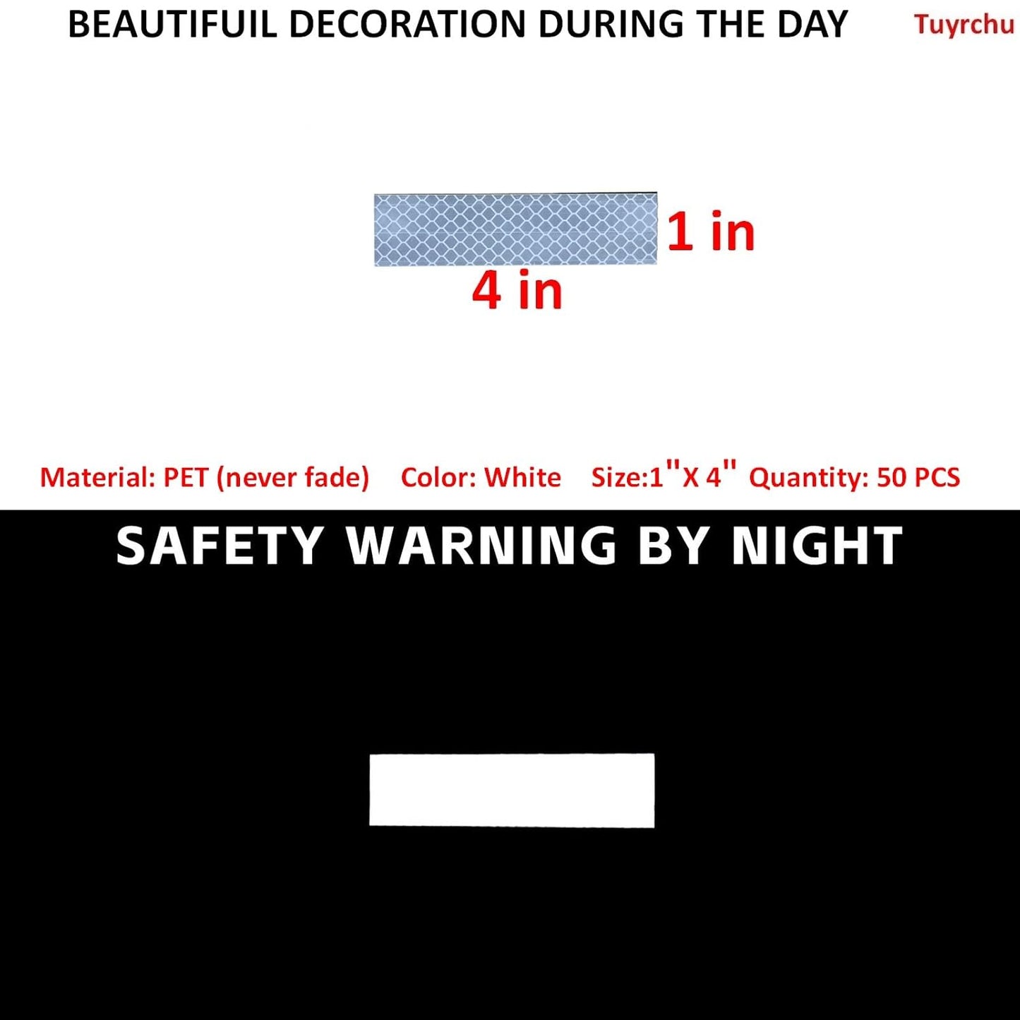 Non Fading White Reflective Stickers 1 inch X 4 inch, Outdoor Waterproof High Visibility Warning Safety Adhesive Reflector Tape (50 Pcs)