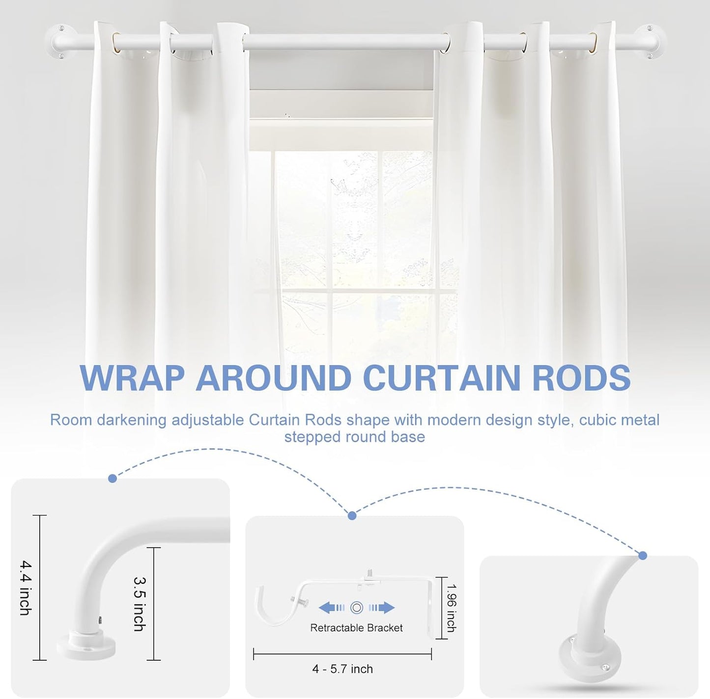 White Wrap Around Curtain Rods 28 to 48 Inch:Blackout Heavy duty Adjustable Window Curtain Rod for Bedroom,Industrial Darkening Curved French Metal Single Drapery Rods Easy Install,Pure White