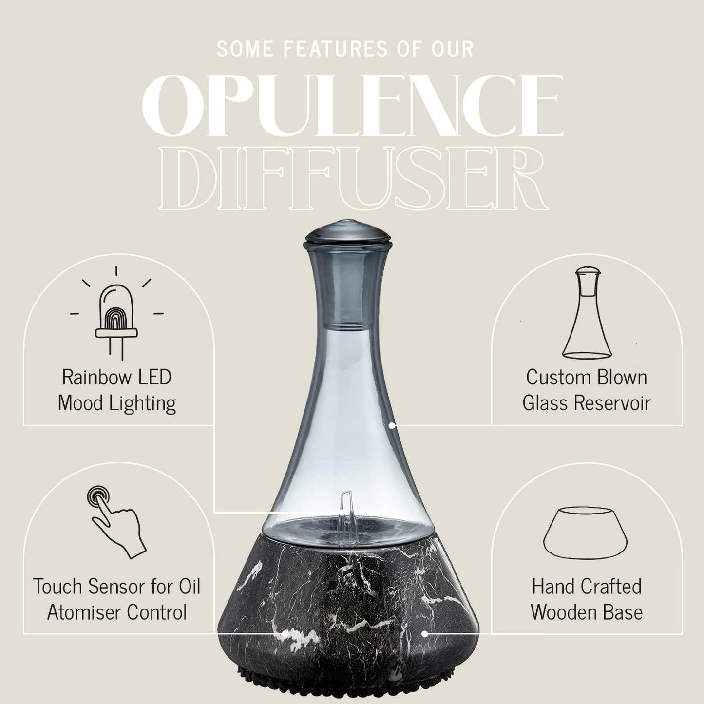 Opulence - Nebulizing Diffuser for Essential Oil/Aromatherapy with Black Marble Ceramic Base and Black Hand-Blown Glass with Touch Sensor Light Switch - No Heat, No Water, No Plastic Product Name
