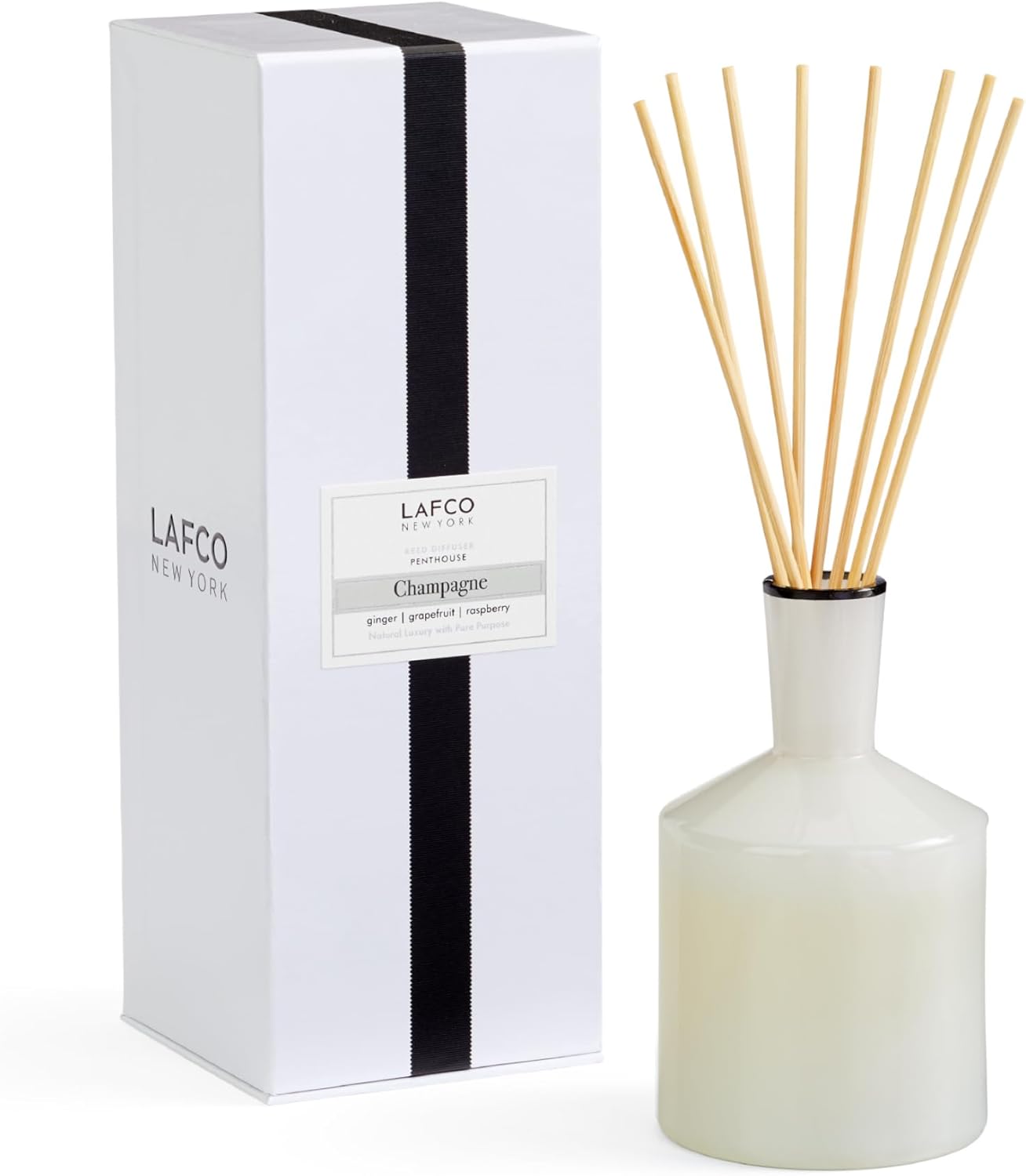 LAFCO New York Classic Reed Diffuser, Champagne - 6 oz - Up to 3 Months Fragrance Life - Reusable, Hand Blown Glass Vessel - Natural Wood Reeds - Made in The USA