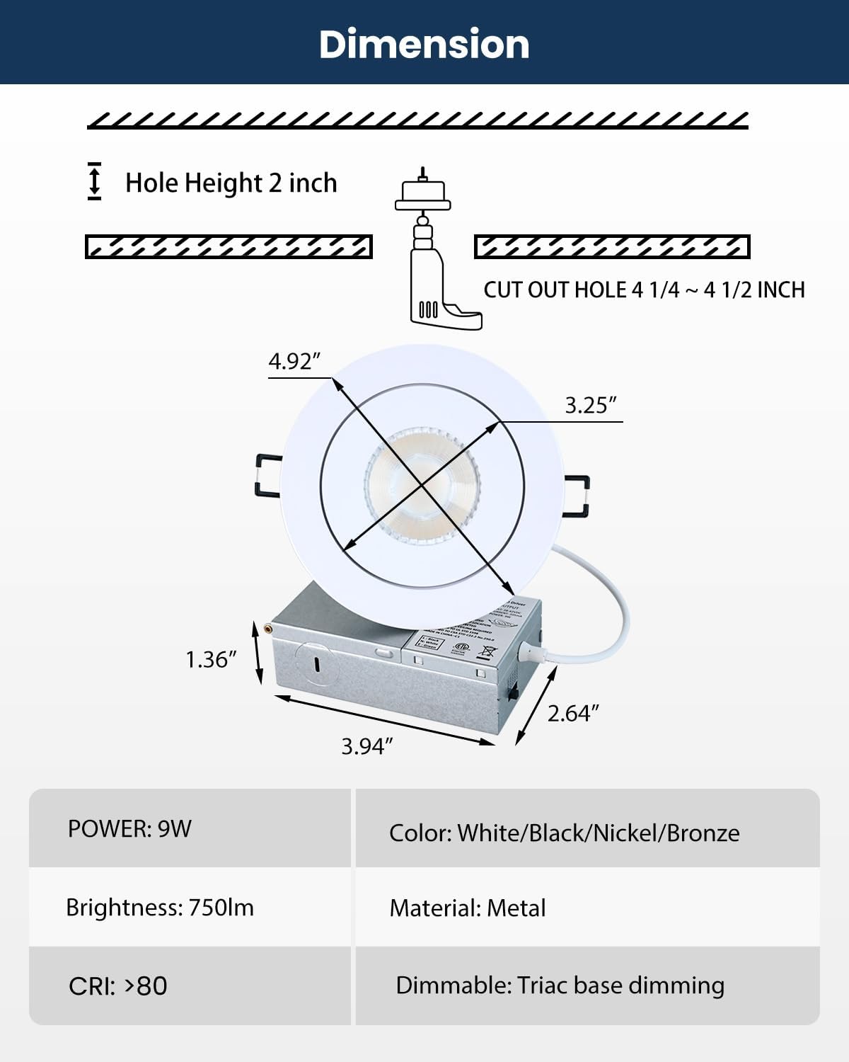 4inch Gimbal LED Recessed Light Recessed LED 4 inch White Swivel Gimbal Canless Light 360° Rotation 90° Tilt 4" 9W Eyeball Lighting Dimmable Adjustable Can Spotlights 5CCT White 4 inch 6 Pack