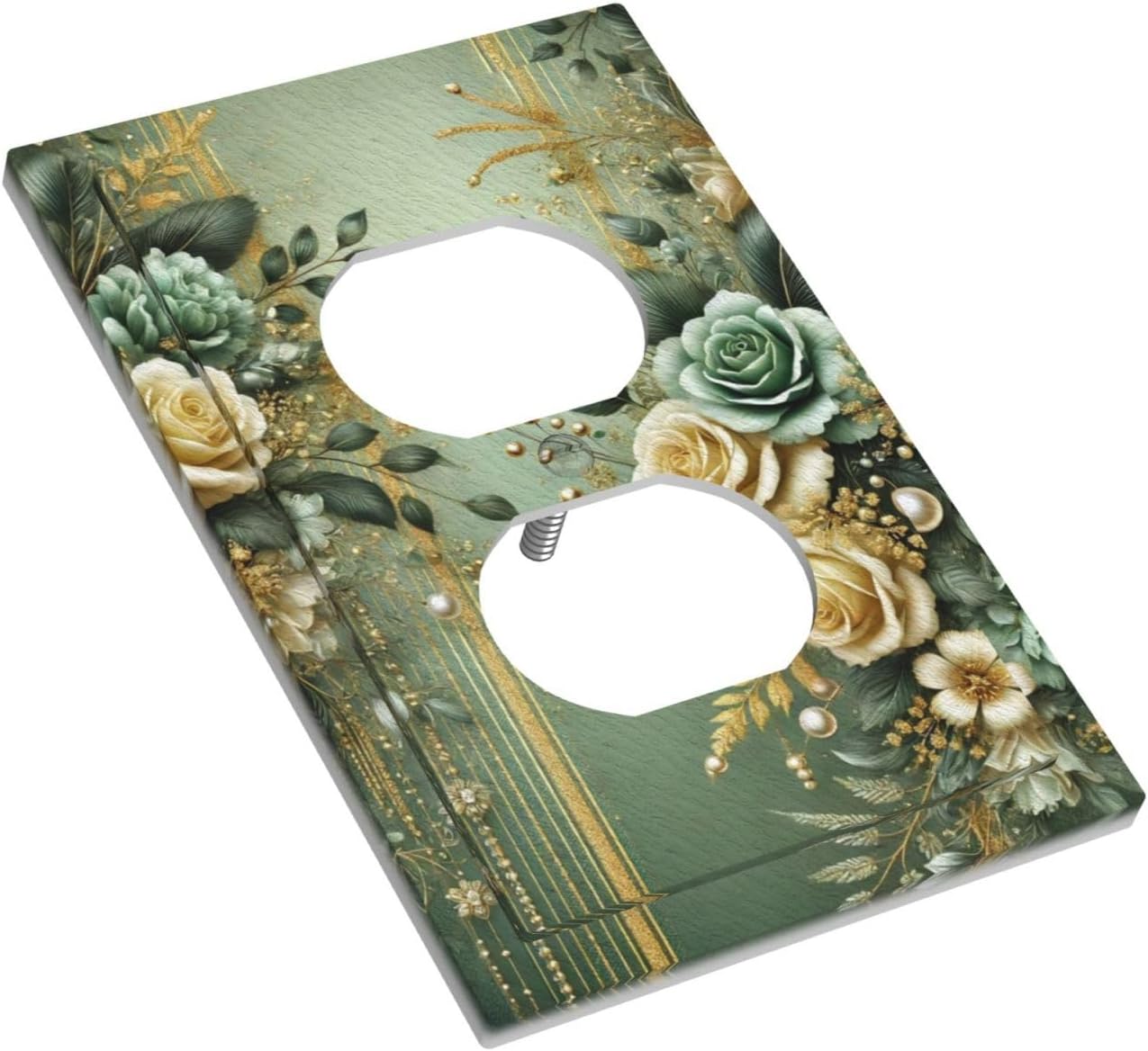 Decorative Outlet Covers Rustic Green Floral Leaves Teal Flowers Gold Stripe 1 Gang Duplex Light Switch Cover Plate Wall Plates for Electrical Outlets Switchplate Faceplate
