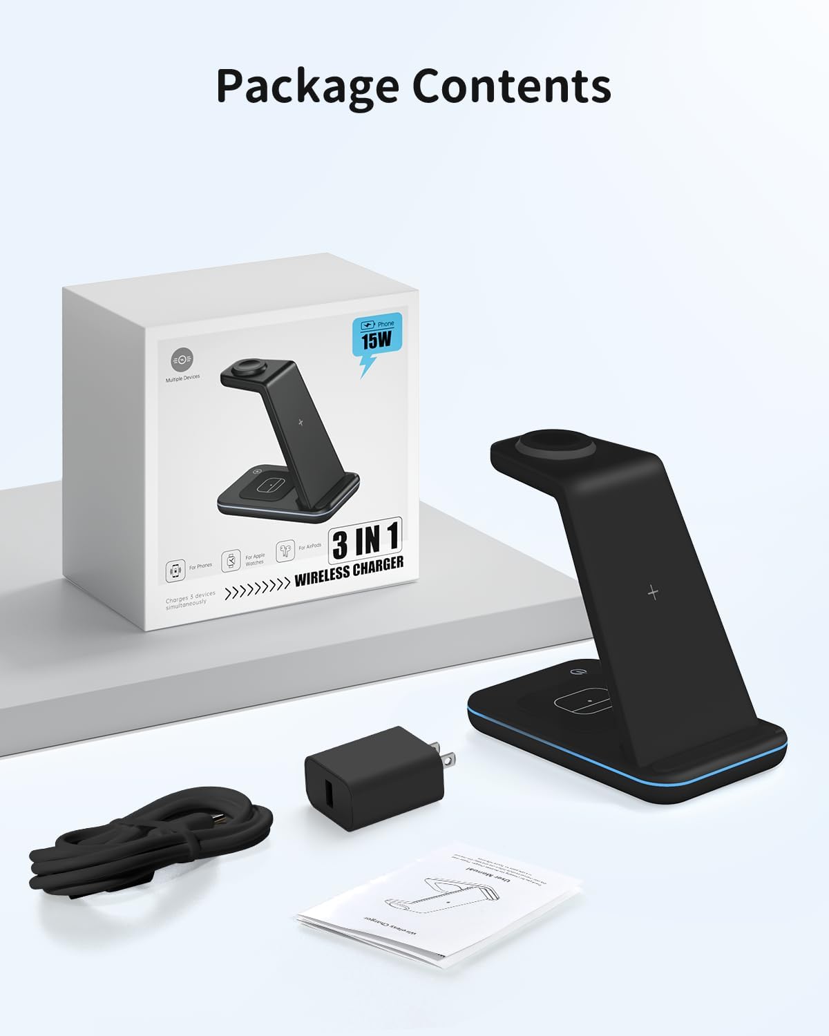 Wireless Charger for iPhone Charging Station: 3 in 1 Phone Charger Stand for iPhone 17/16/15/14/13/12/11/SE/X Pro Max Plus - Apple Watch 11/10/9/Ultra 2/8/SE/7/6/5 - AirPods 4/Pro 2/3