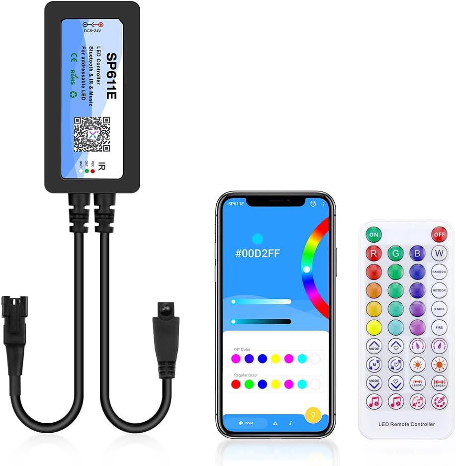 ALITOVE WS2812B WS2811 Controller Bluetooth APP Music Sync Addressable RGB IC LED Remote Controller Timer Function SP611E for SK6812 WS2812 SM16703 UCS1903 LED Pixel String Light Strip DC 5V~24V