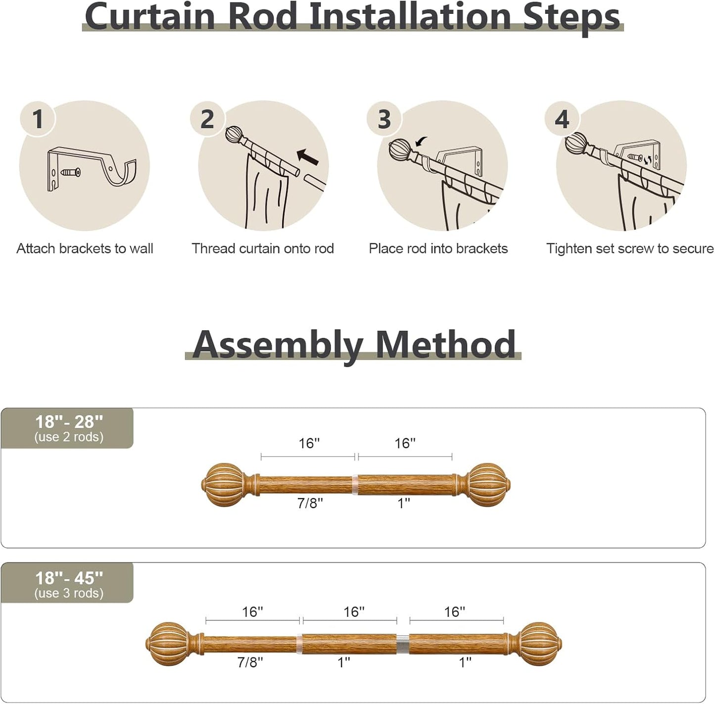2 Pack Imitation Wood Curtain Rods for Windows 28 to 48 Inch, 1'' Adjustable Heavy Duty Decorative Drapery Rods with Classic Finials, Dark Imitation Wood Window Curtain Pole, Size 18-45''