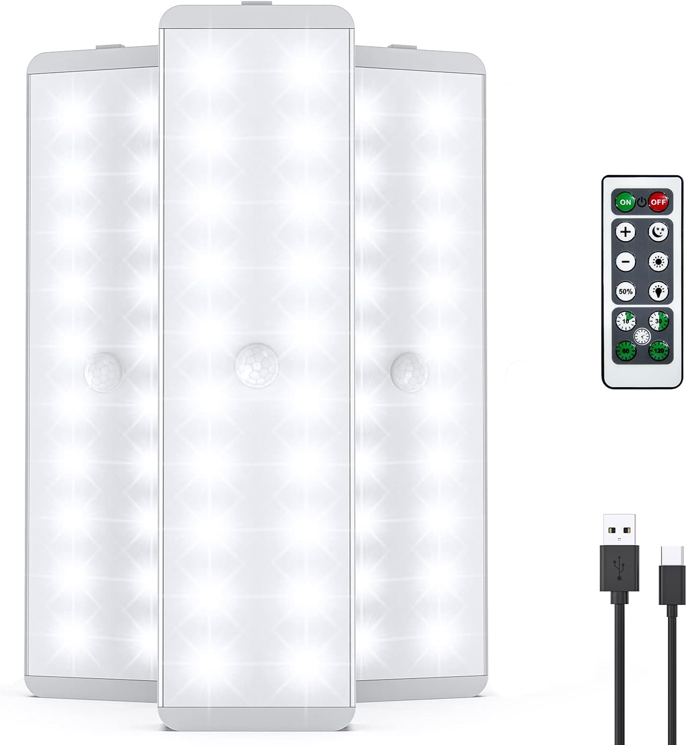 LED Closet Light, 20LEDs Dimmer USB Rechargeable Motion Sensor Light Under Cabinet Lighting, Stick-Anywhere Night Safe Light Bar for Wardrobe,Kitchen-3 Pcs