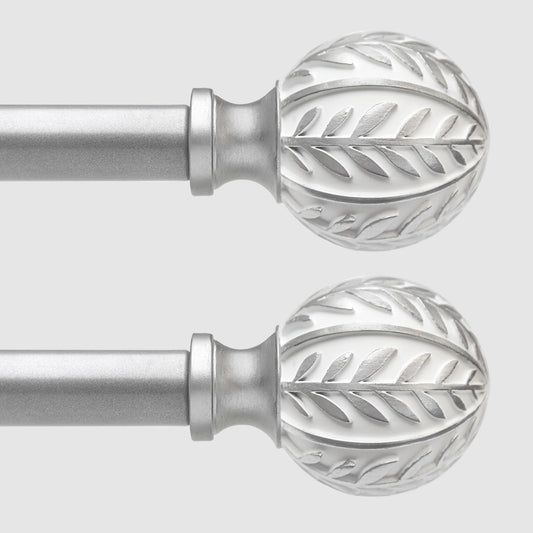 2 Pack Silver Curtain Rods for Windows 48 to 84 inch,1" Adjustable Heavy Duty Window Curtain Rod with Leaf Finials,Rustic Decorative Drapery Rods Set,Size:36-88''