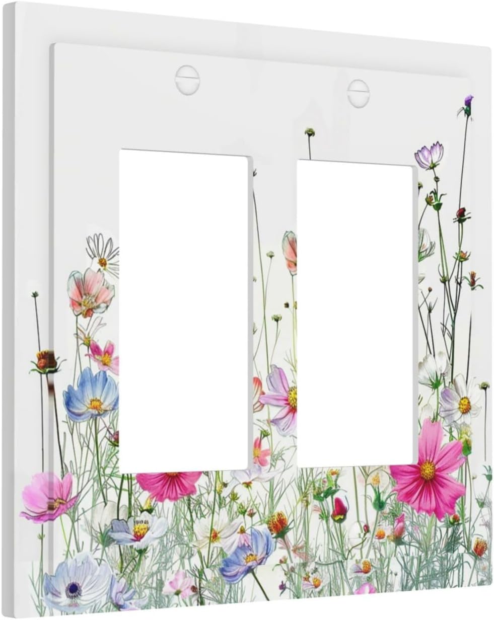 Decorative Outlet Covers Boho Colorful Flowering Plant Wild Flower 2 Gang Double Gfci Rocker Electrical Wall Panels Light Switch Cover Plate For Bed Room Living Room Decor