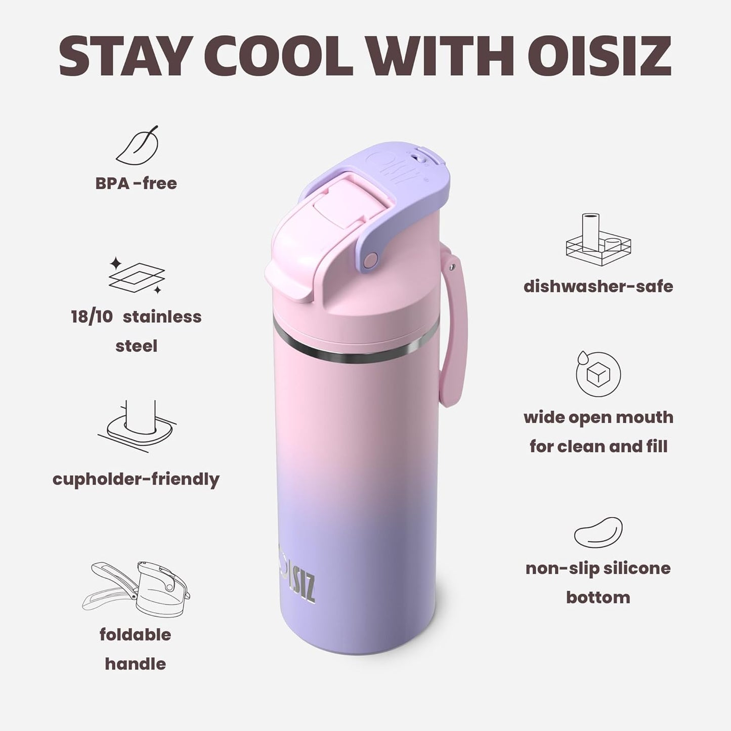 OISIZ Insulated Water Bottle 20 oz with 2 in 1 Spout and Straw Lid,One Click Safety Lock,100% Leakproof,Keep Cold 24H,Vacuum Stainless Steel Water Bottle for School,Travel and Sports,Dishwasher Safe