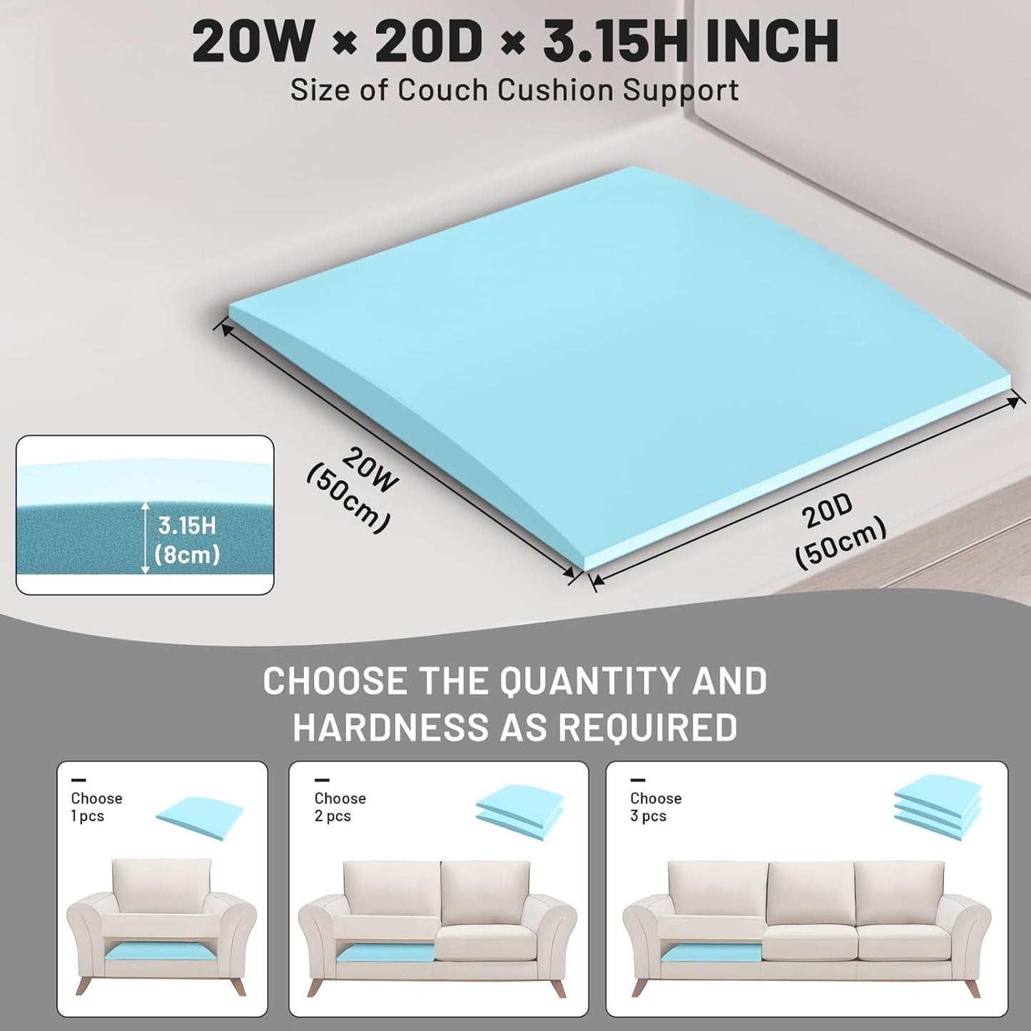 Couch Cushion Support, Sofa Cushion Support for Sagging Couch Seat, 20x20x3.15in, Couch Replacement Insert, High Density Foam Furniture Seat Sagging Repair, Trapezoid 40D, Blue Set of 3