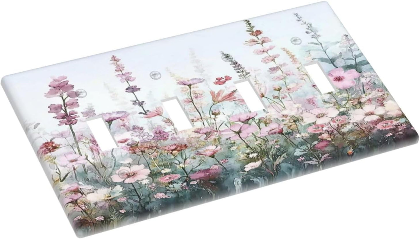Pink Floral Watercolor Botanical Wildflowers Light Switch Covers Quad Toggle Electrical Faceplate 4 Gang Wall Plate Decorative Switch Plates For Bed Room Living Room Decor