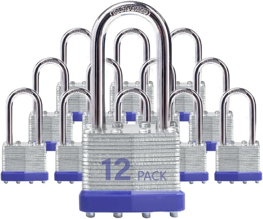 Laminated Steel Keyed Padlocks, 12 Pack, Blue, Keyed Alike, Long Shackle, 1-9/16" (40mm), For Hasp Latch, Sheds, Fences, Storage Locker, School, Gym