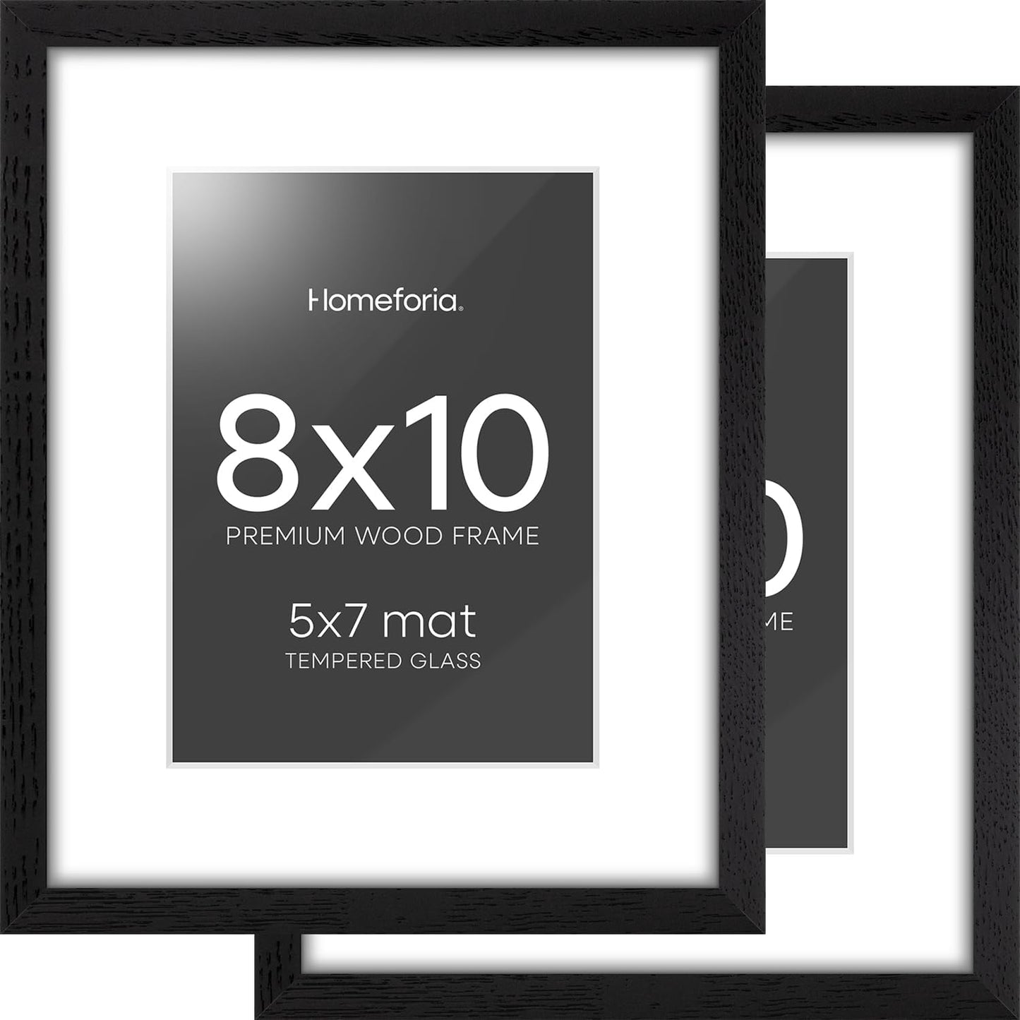 Homeforia 8x10 Picture Frame Black Wood, High End Oak 8 x 10 Wooden Frames with Mat 5 by 7 Print, 8x10 Frame Matted to 5x7 inch Photo, 8by10 Wall or Tabletop Frames, Tempered Glass, Wall Kit, Set of 2