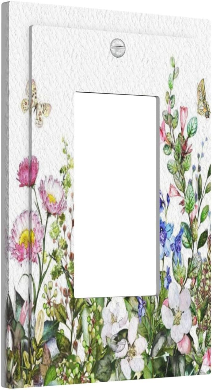 Boho Colorful Wildflowers Butterfly Green Plant Leaf 1 Gang Rocker Light Switch Covers Single Decora Outlet Wall Plate Decorative Switchplate Faceplate GFCI for Country Bathroom Bedroom Decor