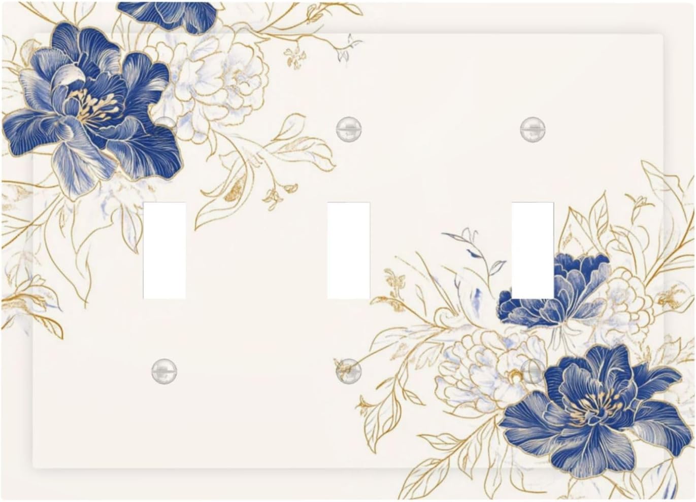 Decorative Light Switch Cover Plate Rustic Blue Flower Floral Gold Leaf 3 Gang Wall Plates for Electrical Outlets Triple Toggle Switch Plate Covers Outlet Covers Faceplate for Home Decor