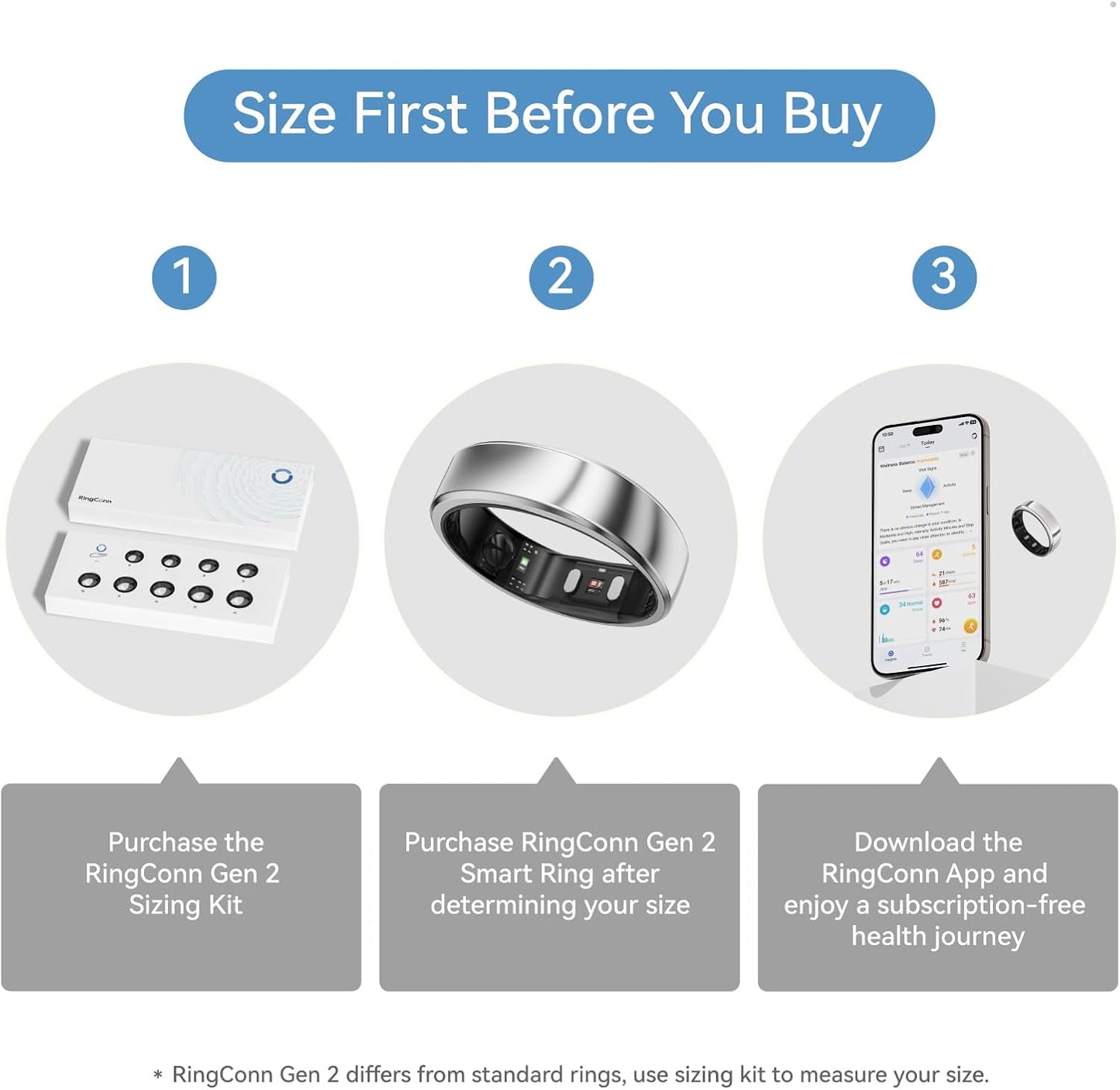 RingConn Gen 2, World’s First Smart Ring with Sleep Apnea Monitoring, No APP Subscription, 12-Day Battery Life, Stress/Heart Rate/Women's Health Tracker, Android & iOS Compatible (Silver, Size 11)