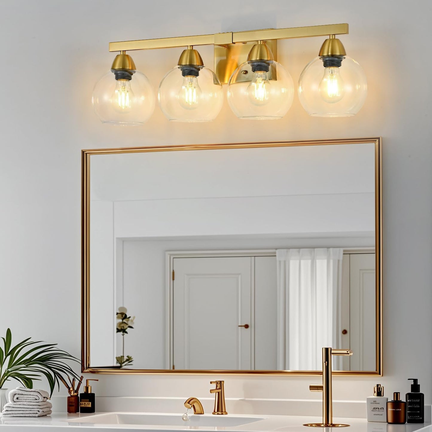 4-Light Bathroom Vanity Light, Gold Wall Sconce with Premium Hand-Crafted Glass Shades, Shatter-Resistant & Few Imperfections, Ideal for Mirror, Kitchen, Living Room