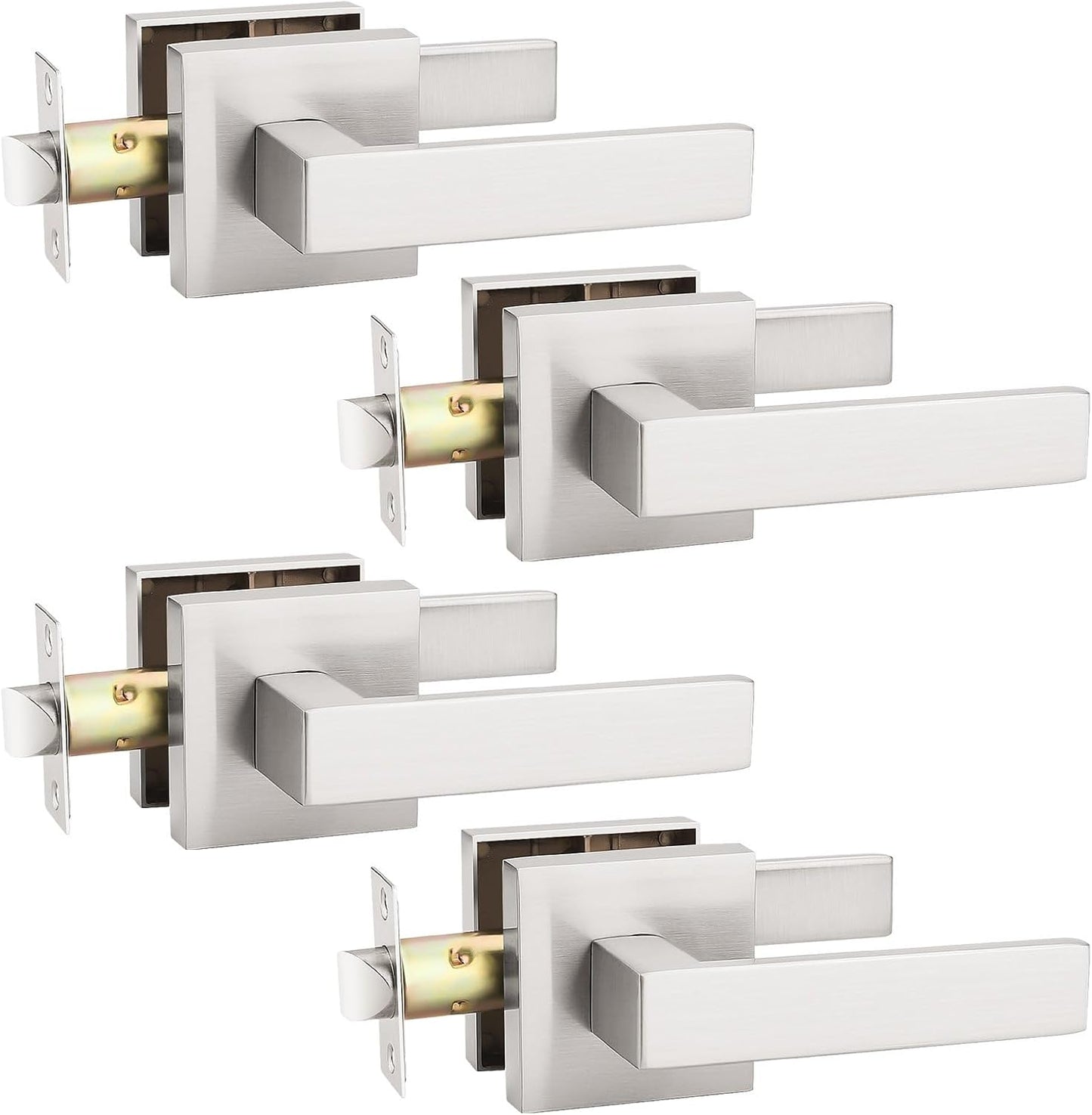 KNOBWELL 4 Pack Brushed Nickel Interior Door Handle, Heavy Duty Square Door Handle Set Passage Door Levers for Closet Hallway(No Lock)
