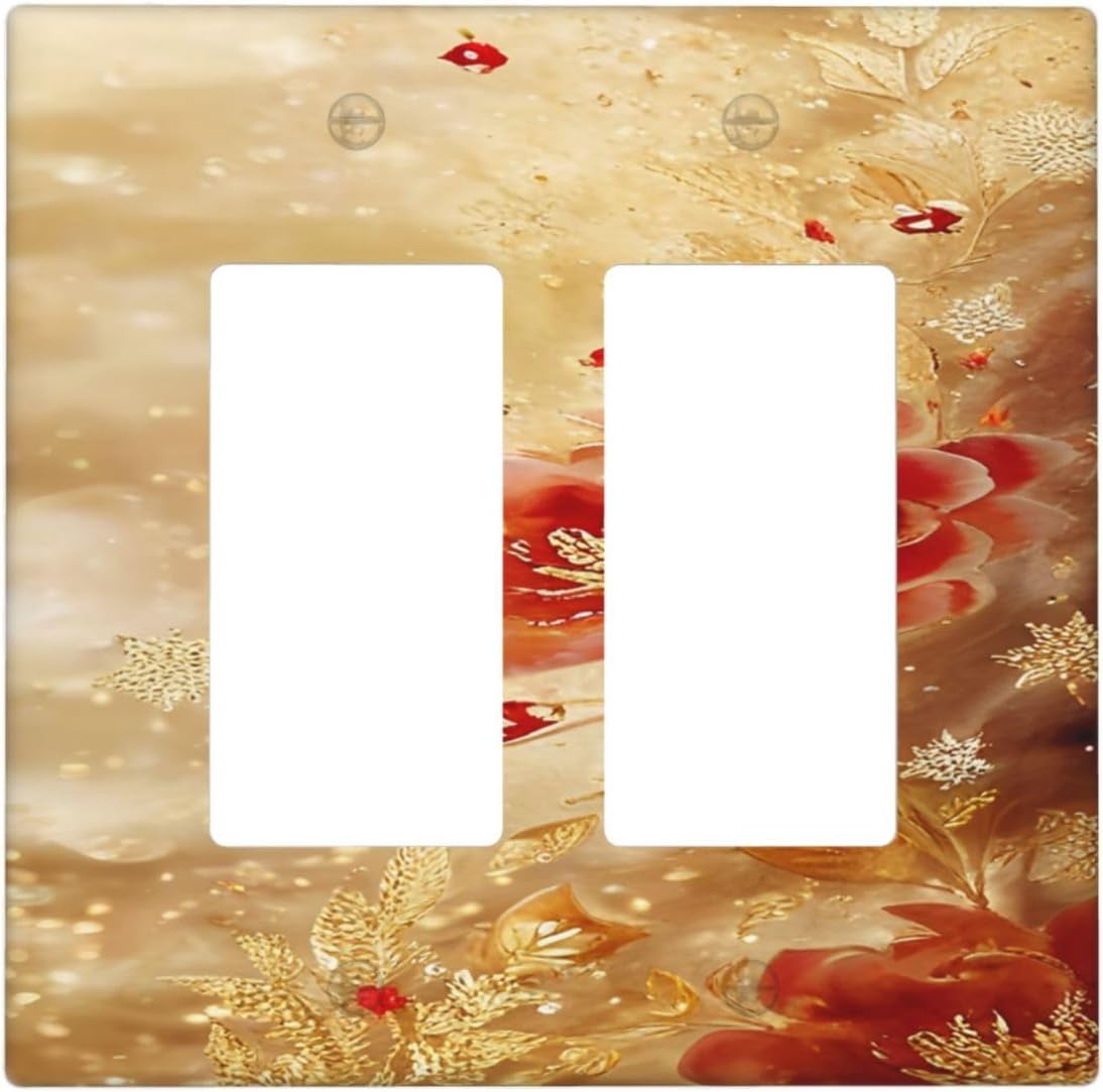 Decorative Outlet Covers Golden Leaf Red Peony Flowers Floral 2 Gang Wall Plate Double Rocker Two Switch Wall Cover Plate Jumbo Dual GFCI Faceplate for Bedroom Decor