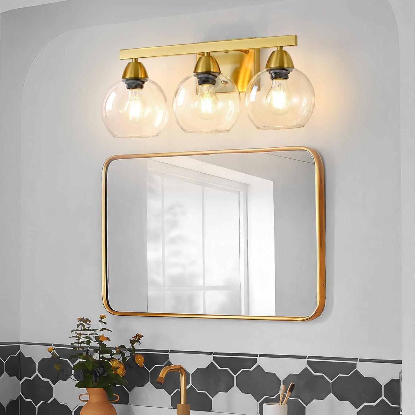 Bathroom Light Fixtures, 3-Light Brushed Gold Vanity Light with Hand-Blown Thick Glass Shades, High-End Clarity & Durability, Wall Sconce for Mirror, Bedroom, Hallway