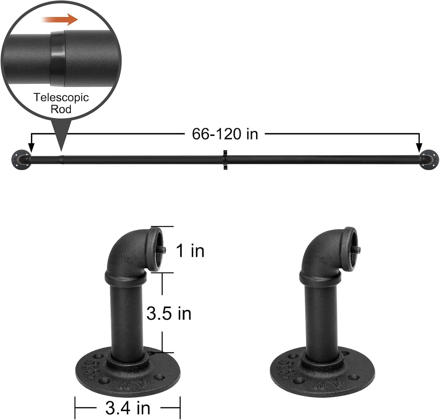 Refrze 2 Pack Black Curtain Rods for Windows 66 to 120 Inch, Industrial, Heavy Duty, Blackout, Matte Black, Wall Mounted