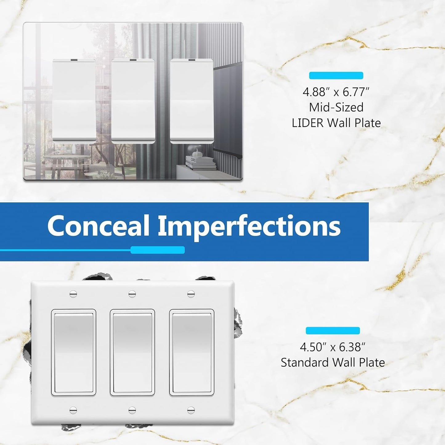 LIDER Triple Decorator Wall Plate, Impact Resistant, Mirrored Acrylic, Plexiglass, Reflective Finish, Modern Upgrade Screwless Light Switch/Outlet Cover Mid-Size 3-Gang 4.88" x 6.77" Silver