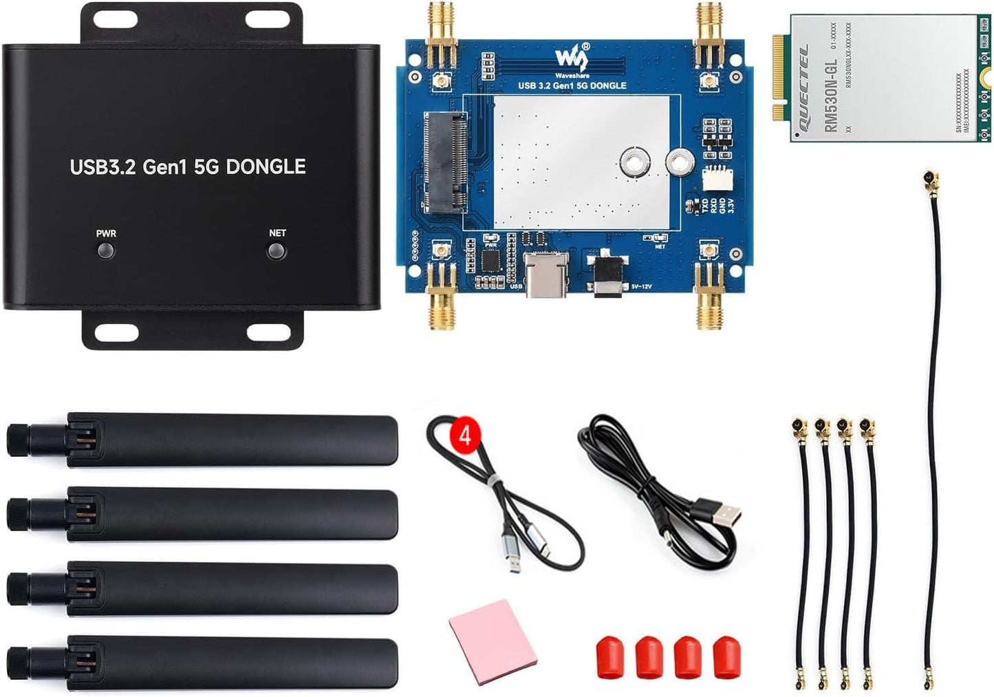 Global 5G DONGLE Expansion Board, USB 3.2 Port, Onboard M.2 Key B Interface, Quad Antennas, Aluminum Alloy Case, with Qualcomm RM530N-GL 5G Sub-6G & mmWave Module @XYGStudy (RM530N-GL 5G DONGLE (B))