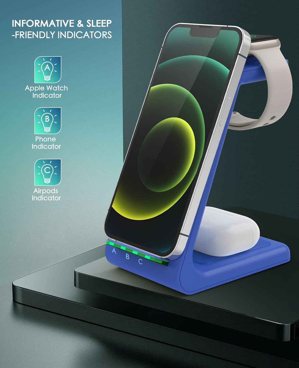 3 in 1 Wireless Charging Station, 2025 Upgraded Fast Desk Charger Station for iPhone 17 16 15 14 13 12 Pro Max Plus, Charger Stand for Apple Watch 10 9 8 7 6 5 4 3 2 SE, Airpods 4 3 2 Pro(Blue)