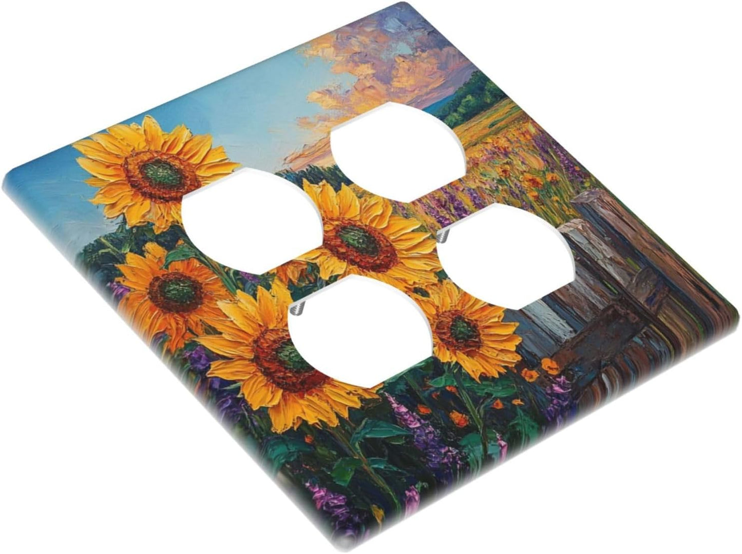 Decorative Outlet Covers Rustic Wilderness Sunflower Lavender Muzha Oil Painting 2 Gang Wall Plate Cover Double Duplex Receptacle Light Switch Cover Plate Faceplate