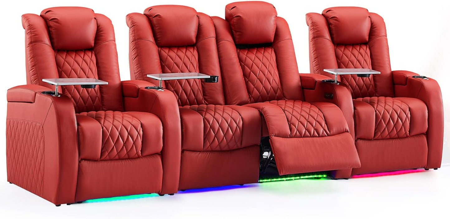 Weilianda Home Theater Seating Top Grain Leather Zero Gravity Recliner Chair Power Headrest Recline Movie Seat Gaming 7 Colors Mood Light Sofa with Tray Table USB Charge Row of 4 Loveseat Middle Red