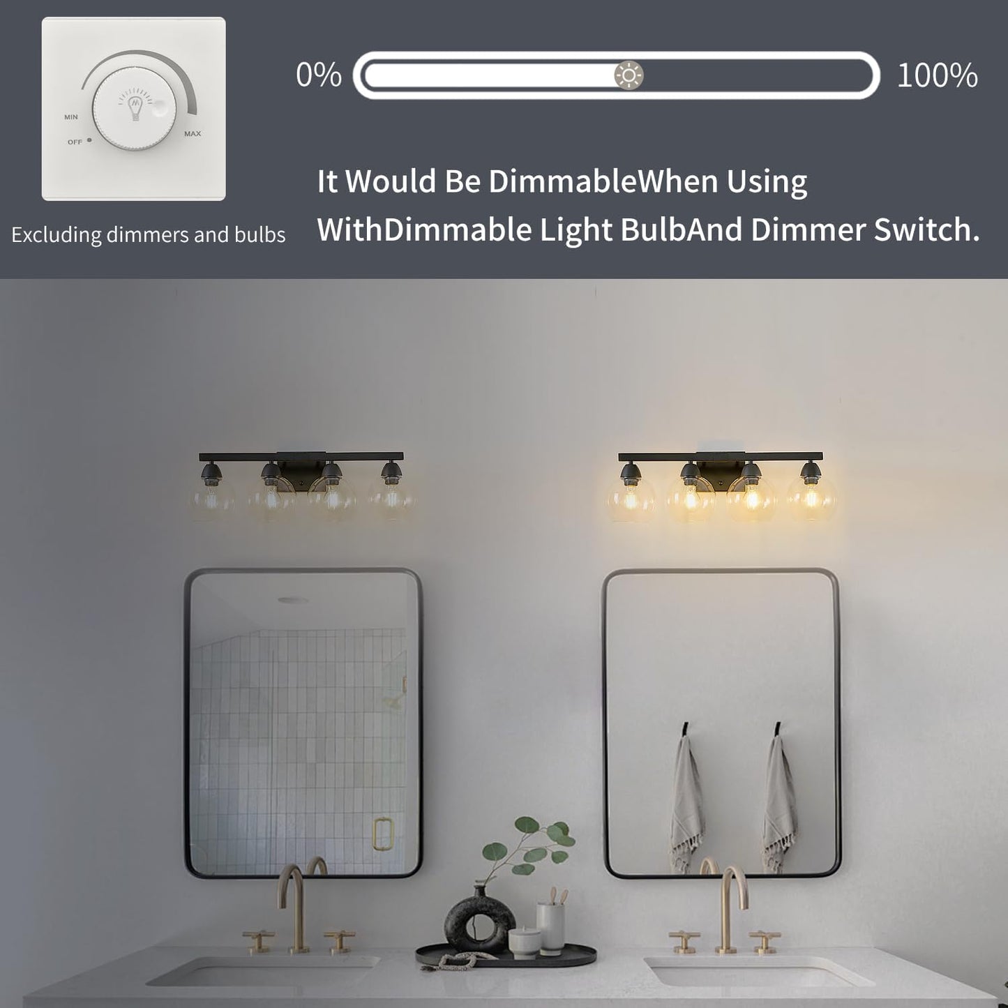 4-Light Bathroom Vanity Light, Matte Black Wall Sconce with Hand-Crafted Thick Glass Shades, High Transparency & Few Flaws, Perfect for Mirror, Bedroom, Hallway