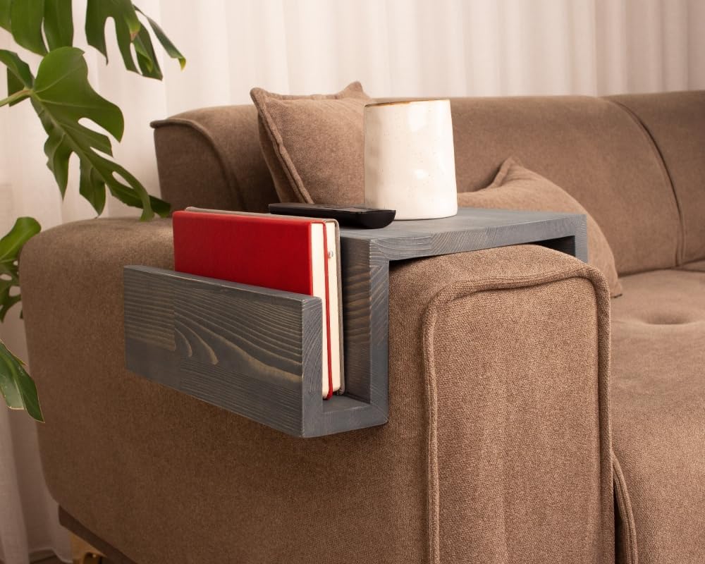 Wooden Couch Arm Tray – Sofa Armrest Table with Book & Magazine Holder, Perfect for Coffee & Remote Control, Solid Wood (Monaco)