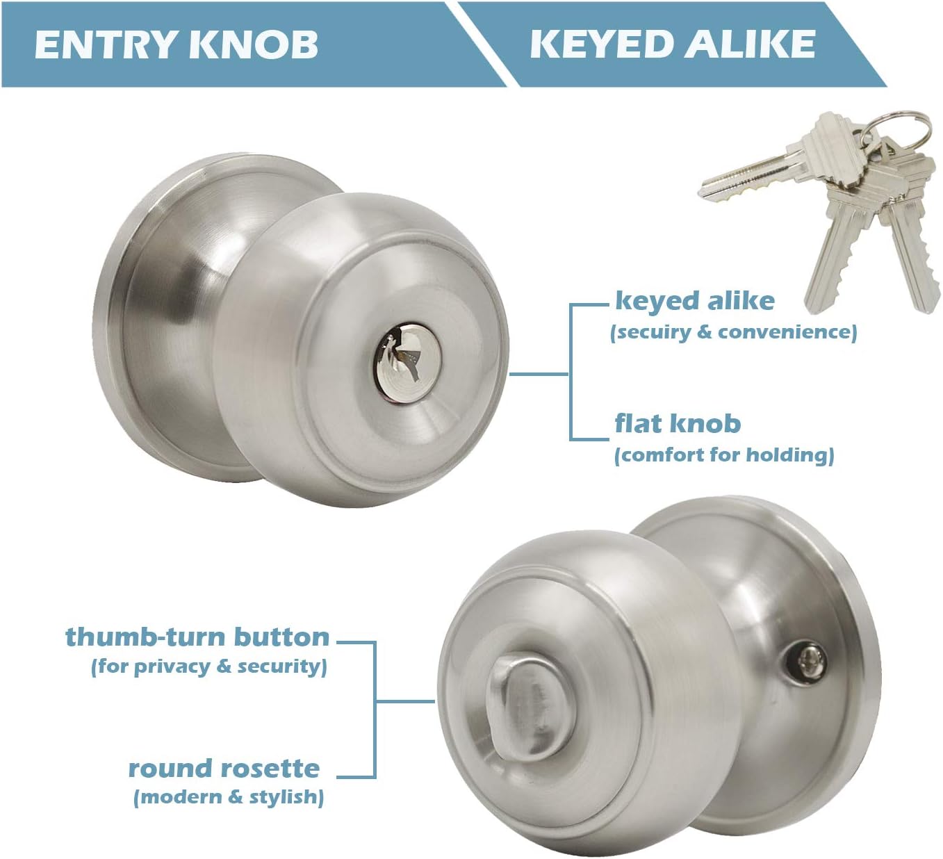 Gobrico Round Keyed-Alike Exterior Door Hardware Entrance Locksets Door Knobs, Satin Nickel, 3Pack, Stainless Steel
