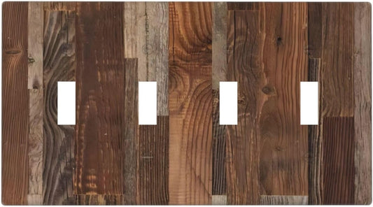 Vintage Brown Wooden Boards Print Wood Grain Light Switch Covers Quad Toggle Electrical Faceplate 4 Gang Wall Plate Decorative Switch Plates for Farmhouse Home Decor