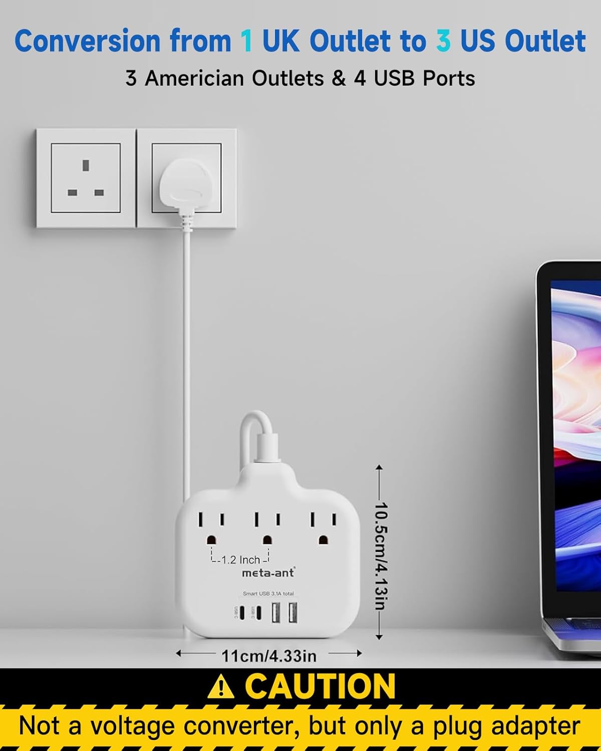 Type G Adapter for Travel,meta-ant US to UK Travel Adapter with 3ft Extension Cord,3 Outlets 4 USB(2 USB-C), Type G UK Ireland Travel Plug Adapter to British Scotland England London Hong Kong Dubai