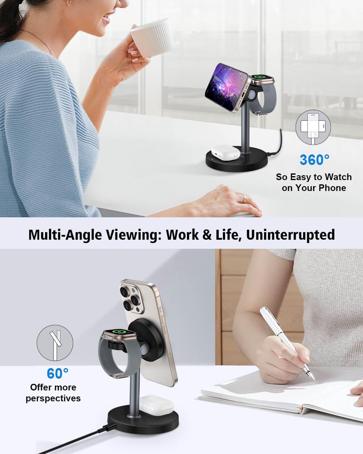 3 in 1 Wireless Charging Station for Apple Magsafe Charger Stand,15W Fast Magnetic Charging Station for iPhone 17 Air 16 15 14 13 12 11 Series, Watch Ultra & AirPods Apple Devices, Cell Phone Dock