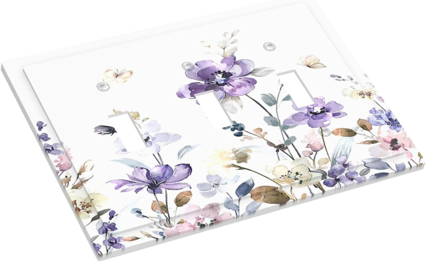 Decorative Switch Plates Purple Floral Lilac Watercolor Flower Leaves Butterfly Wildflower 3 Gang Wall Plate Faceplate Triple Toggle Light Switch Cover Electrical Wall Panels for Bedroom Home Decor