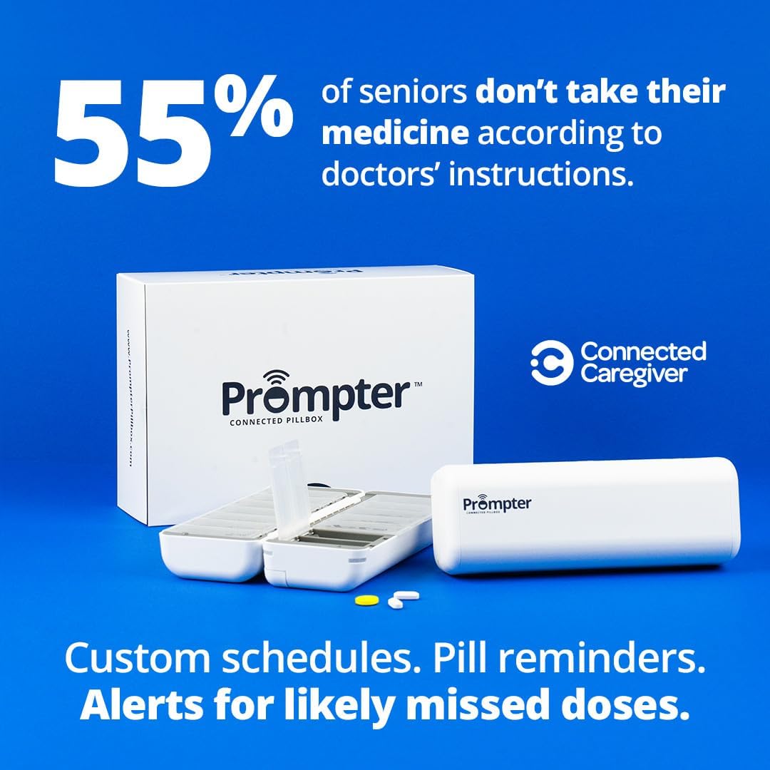 Prompter Connected Pillbox, Smart Pill Reminder Management with Lights, Cell Alerts, Caregiver Monitoring and Notifications for Potential Missed Doses, Organize Pills and Stay Organized