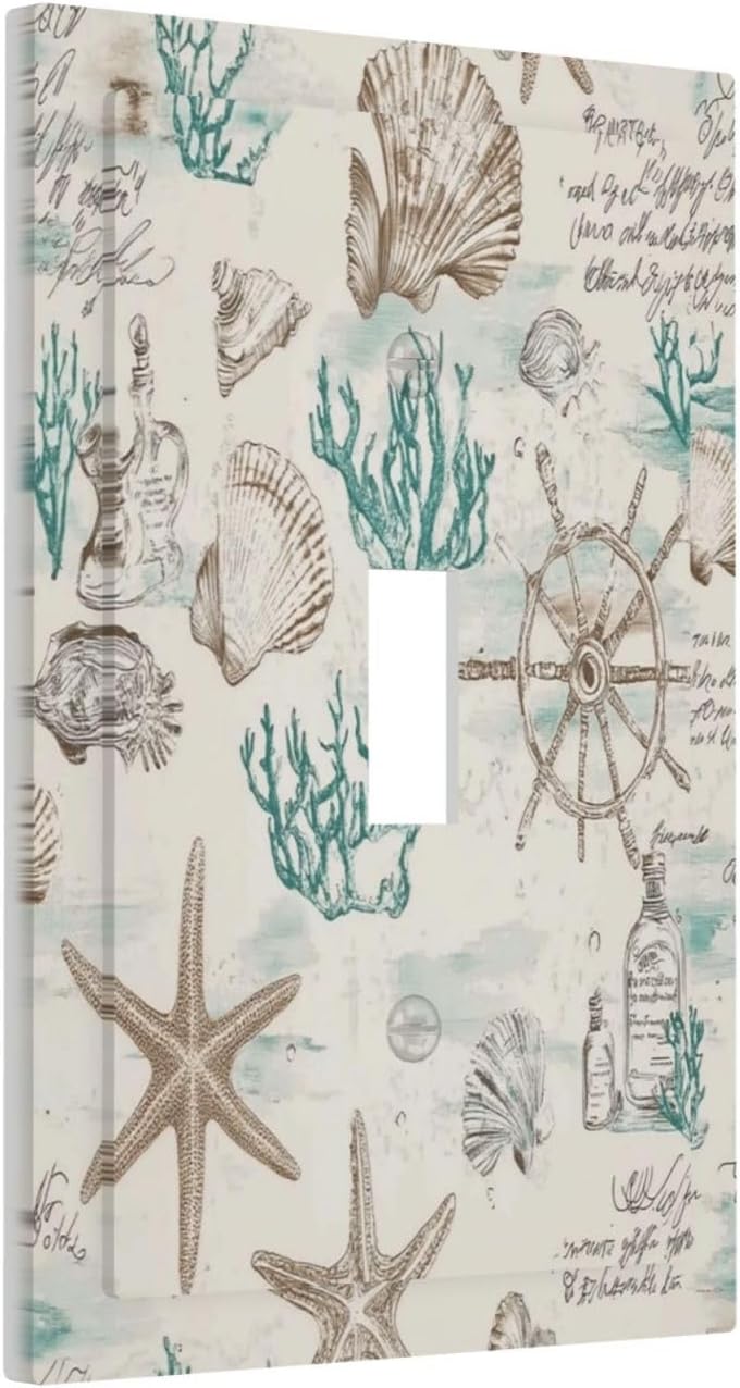 Mid Century Seashells Starfish Compass Decorative Light Switch Cover 1 Gang Single Toggle Device Electrical Faceplate Switchplates Decorator Outlet Wall Plate For Nursery Kids Room Decor