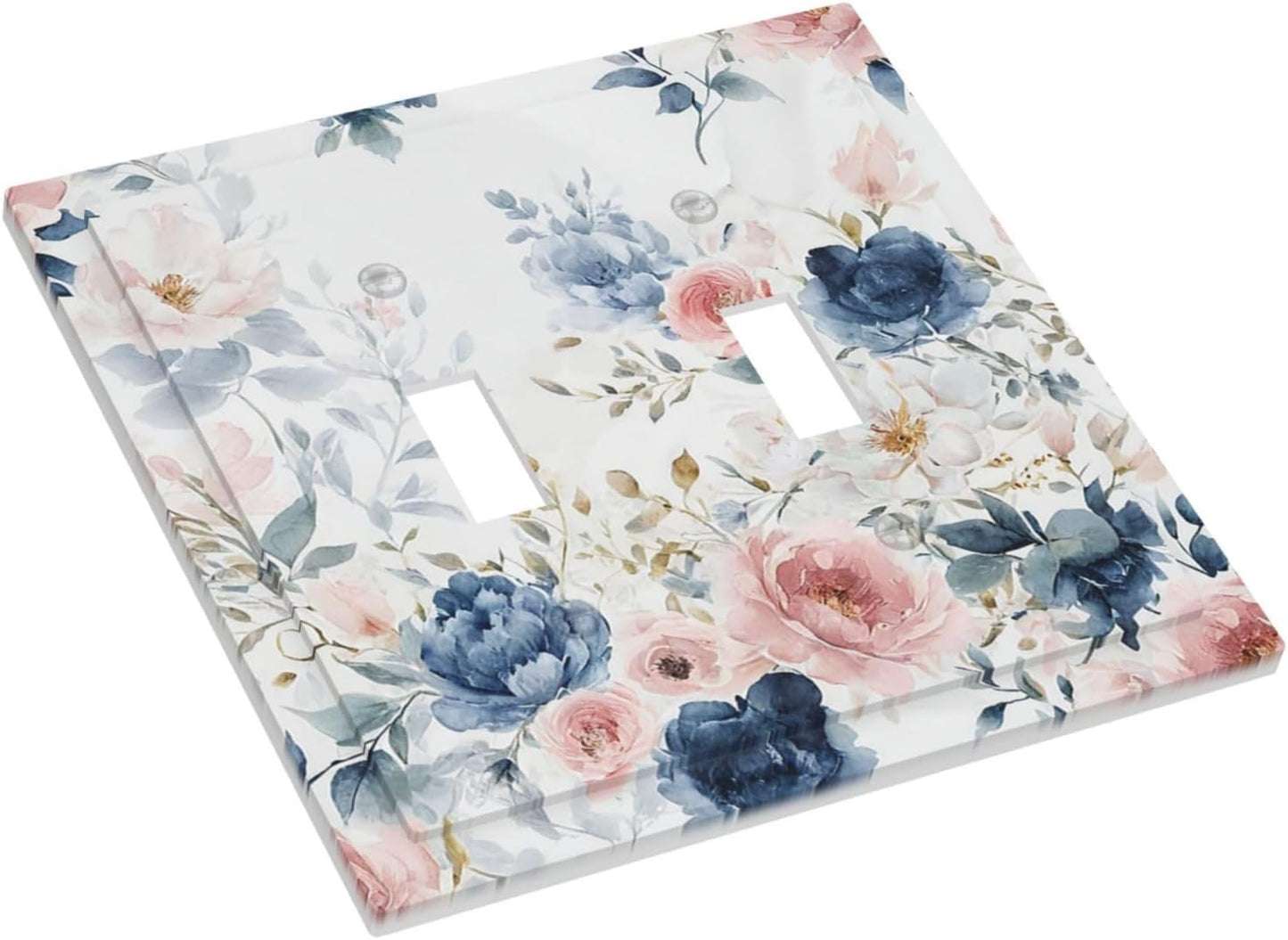 Elegant Watercolor Pink Blue Flowers Floral 2 Gang Double Toggle Light Switch Cover Decorative Switchplate Electrical Wall Plates Faceplate for Bathroom Bedroom Decor 4.9 X 5 IN