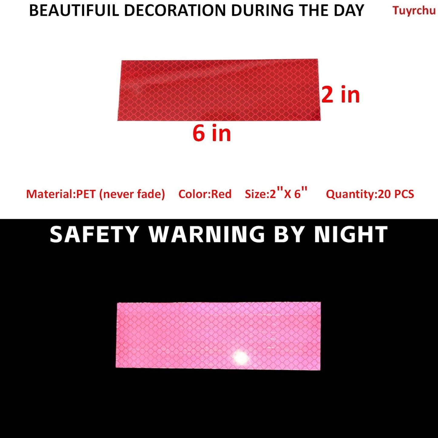 Non Fading Red Reflective Stickers 2 inch X 6 inch, Outdoor Waterproof High Visibility Warning Safety Adhesive Reflector Tape (20 Pcs)