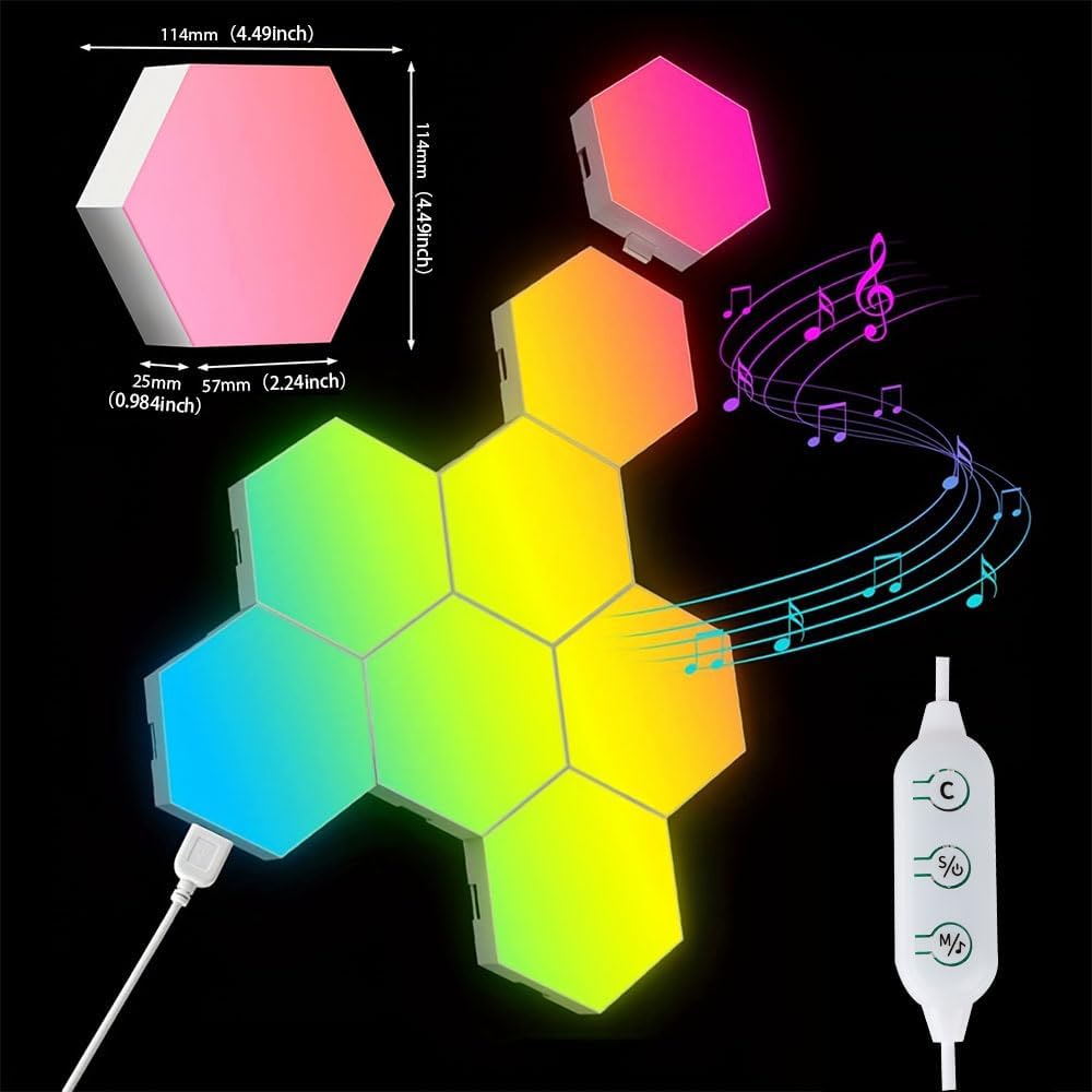 6 Pack Hexagon LED Wall Light Panels: Smart RGB Color-Changing Hexagon Lights with App & Remote Control, Music Sync Mode, Customizable DIY Wall Decor for Bedroom, Gaming Room, Home Theater