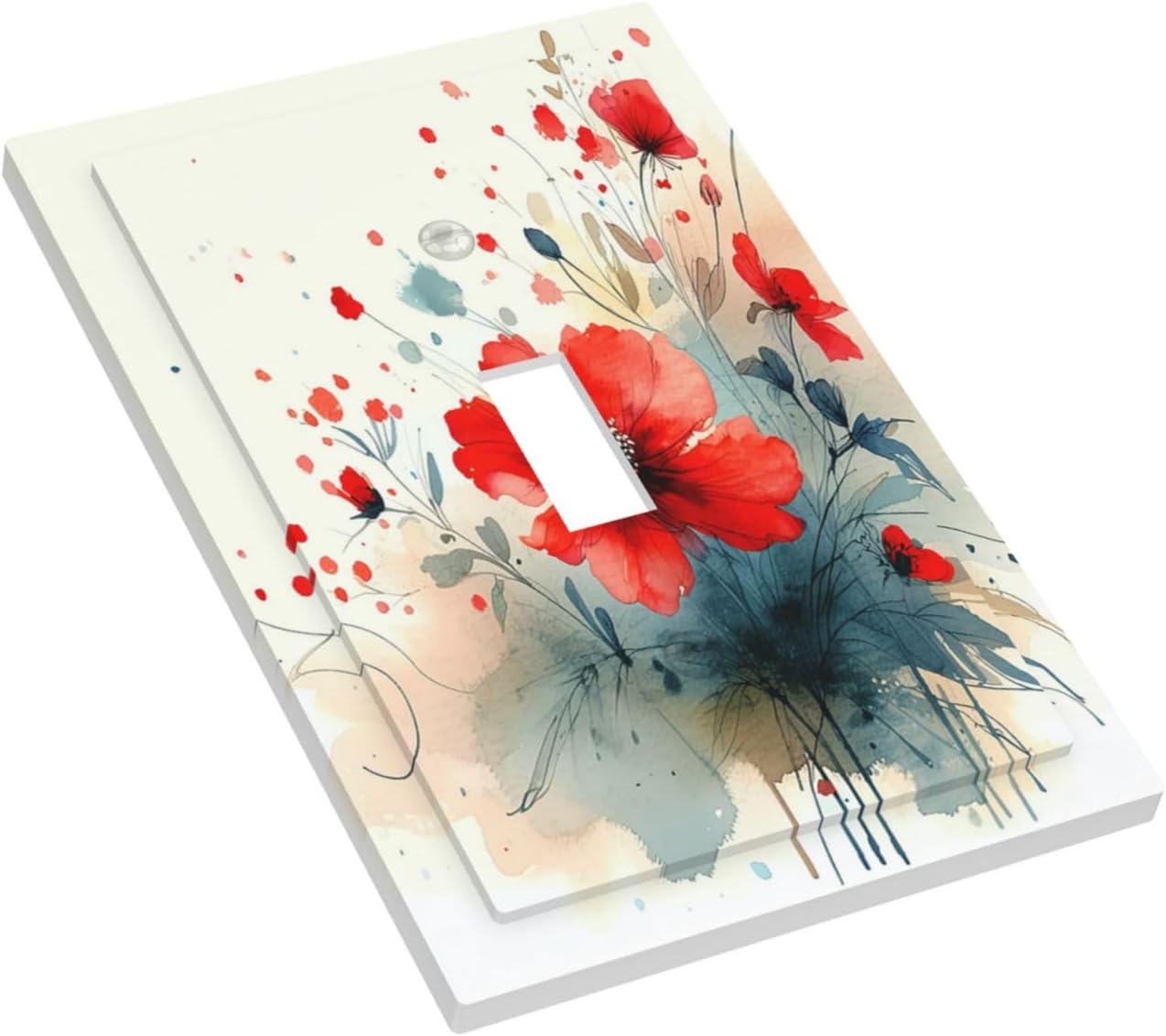 Vintage Floral Red Watercolor Modern Decorative Light Switch Cover 1 Gang Single Toggle Decorator Outlet Wall Plate Device Electrical Faceplate Switchplates for Bedroom Bathroom Decor