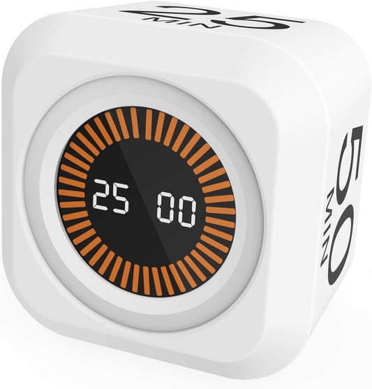 Rotating Cube Pomodoro Timer 5, 25, 10, 50 Min Preset + Custom Countdown, Desk Productivity Flip Visual Timer w/Silicone Case, Silent Mode, Ideal for ADHD Tool Study Work School (White)